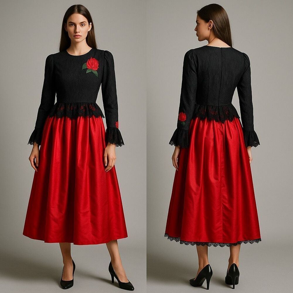 Vtg William Pearson Rose Lace Satin Midi Dress 80s Whimsygoth Lady Valentine